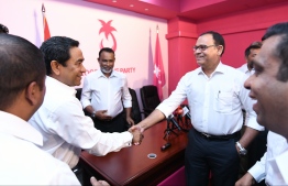 MP Shareef meets with former President Abdulla Yameen during an opposition coalition event--