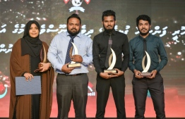 R-L: Azzam, Muizzu, Jameel and Shifleen at Maldives Media Council's journalism awards. PHOTO: AHMED NISHATH/MIHAARU