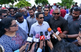 Former president Abdulla Yameen Abdul Gayoom talks to reporters after the police summons. PHOTO: NISHAN ALI/MIHAARU