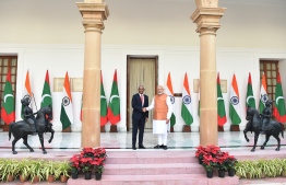 Indian Prime Minister Narendra Modi (R) shakes hands with Maldives President Ibrahim Mohamed Solihas prior to a meeting in New Delhi  on December 17, 2018. - Maldivian President is on three-day of state visit to India till December 18. (Photo by Prakash SINGH / AFP)