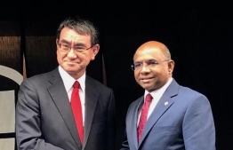 Foreign Minister Abdulla Shahid (R) with his Japanese counterpart Taro Kono during the former's first official visit to Japan. PHOTO/FOREIGN MINISTRY