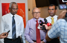 Former President Maumoon Abdul Gayoom speaking to the media during a meeting of the leaders of the ruling coalition. PHOTO: NISHAN ALI/ MIHAARU
