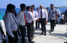 President Ibrahim Mohamed Solih is welcomed by Noonu atoll Henbadhoo island officials and residents.