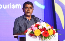 MMPRC MD Thoyyib Mohamed speaking at Guesthouse Symposium. PHOTO: AHMED NISHAATH/ MIHAARU