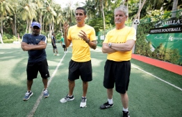 The three main coaches of the football camp (L-R) Local coach Ahmed Shareef (Dunga), Tim Cahill and Robbie Anderson. PHOTO: HAWWA AMANY ABDULLA/THE EDITION