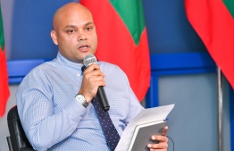 Spokesperson of the President's Office Ibrahim Hood speaking at the press conference. PHOTO: AHMED NISHAATH/ MIHAARU