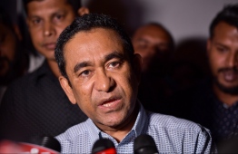 Former President Yameen speaks to press after signing graft statements. PHOTO: HUSSAIN WAHEEDH/ MIHAARU