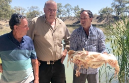 This screen grab taken from video taken on January 10, 2019 released by the office of independent New South Wales member of parliament Jeremy Buckingham on January 11 shows Buckingham (R) holding a decades-old native Murray cod, which was killed during a massive fish kill in Menindee on the Darling River, as local residents Dick Arnold (L) and Rob McBride from Tolarno Station (C) look on. - As many as a million fish are believed to have died along the banks of the major river system in drought-battered eastern Australia, and the authorities warned on January 14 of more deaths to come. (Photo by Handout / Office of Jeremy Buckingham MLC / AFP) / -----EDITORS NOTE --- RESTRICTED TO EDITORIAL USE - MANDATORY CREDIT "AFP PHOTO / Office of Jeremy Buckingham MLC" - NO MARKETING - NO ADVERTISING CAMPAIGNS - DISTRIBUTED AS A SERVICE TO CLIENTS