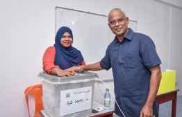 President Ibrahim Mohamed Solih votes during the Maldivian Democratic Party parliamentary primaries. PHOTO: AHMED NISHAATH/MIHAARU