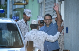Former Vice President Ahmed Adeeb escorted to prison by officers of Maldives Correctional Service. FILE PHOTO/MIHAARU