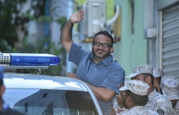 Ex VP Ahmed Adeeb escorted to prison by Maldives Correctional Service Officers. PHOTO: MIHAARU