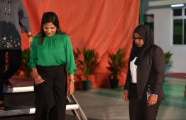 First Lady Fazna Ahmed (L) accompanied by a female bodyguard at the 75th Anniversary of Aminiya School. PHOTO: HUSSAIN WAHEED/MIHAARU