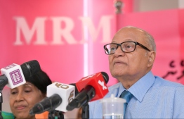 Former President Maumoon Abdul Gayoom speaks at MRM press conference. PHOTO/MIHAARU