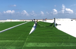 The turf-ground football stadium being developed in B.Eydhafushi.