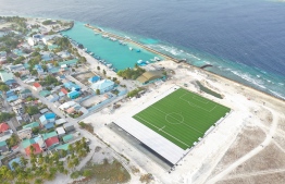 Aerial view of the turf-ground football stadium being developed in B.Eydhafushi. 