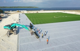 Overhead view of the turf-ground football stadium being developed in B.Eydhafushi.