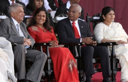 Sri Lanka's Prime Minister Ranil Wickremesinghe (L) and Maldives President Ibrahim Mohamed Solih (2R) and his wife Fazna Ahmed (2L) attend Sri Lanka's 71st Independence Day celebrations in Colombo on February 4, 2019. - Sri Lanka is marking the 71st anniversary of independence from Britain on February 4. (Photo by LAKRUWAN WANNIARACHCHI / AFP)