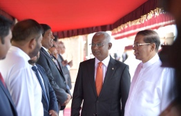 Colombo, February 5, 2019: Sri Lankan President Maithripala Sirisena (R) greets the Maldivian delegation during the ceremony held to officially welcome Maldivian President Ibrahim Mohamed Solih (C) and First Lady Fazna Ahmed on their first state visit to Sri Lanka. PHOTO/PRESIDENT'S OFFICE