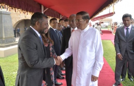Colombo, February 5, 2019: Sri Lankan President Maithripala Sirisena greets the Maldivian delegation during the ceremony held to officially welcome Maldivian President Ibrahim Mohamed Solih and First Lady Fazna Ahmed on their first state visit to Sri Lanka. PHOTO/PRESIDENT'S OFFICE