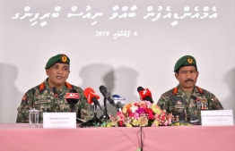 Chief of Defence Force Major General Abdulla Shamaal (L) and Vice Chief of Defence Brigadier General Abdul Raheem Abdul Latheef (R). PHOTO: HUSSAIN WAHEED/MIHAARU