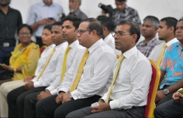 MDP's leader and former President Mohamed Nasheed (R) at the ceremony held to submit the party's candidates to the Elections Commission. PHOTO: HUSSAIN WAHEED/MIHAARU