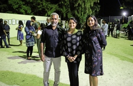 Artist Ahmed Badeeu (L), Yumna Maumoon (M) and Badeeu's wife, Shadhya Adeel Jaleel (R) at the Veevaal Art Exhibition. PHOTO: SIRA