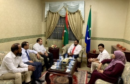 Parliament Speaker Qasim Ibrahim and the leaders of parliamentary groups holding  PHOTO: MOHAMED YAMEEN/ MIHAARU
