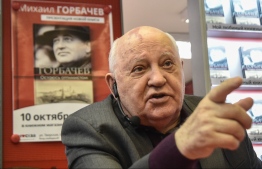 (FILES) In this file photo taken on October 10, 2017 former head of the USSR Mikhail Gorbachev speaks during the presentation of his book "I Remain an Optimist" at a book store in Moscow. - The last Soviet leader Mikhail Gorbachev issued on February 13, 2019 a stinging criticism of Washington, accusing it of misleading the world and seeking to gain militarily superiority at the expense of international security. (Photo by Vasily MAXIMOV / AFP)