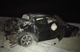 The car involved in the crash on the Sinamale Bridge Highway. PHOTO: READER/MIHAARU