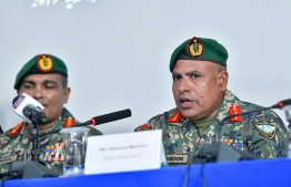 Director General of National Counter-Terrorism Centre Brigadier General Zakariyya Mansoor (R) at a Press Conference held by Maldives National Defence Force. PHOTO: NISHAN ALI/ MIHAARU