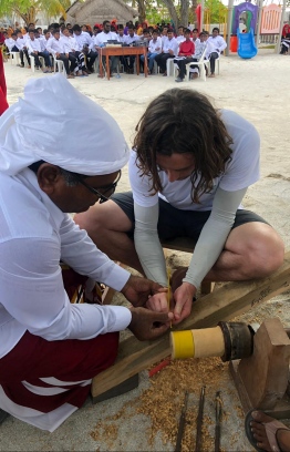 Team members participate in the traditional lacquer work process at Thulhaadhoo Island. PHOTO: STAND UP FOR OUR SEAS