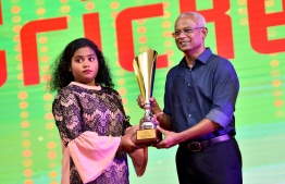 Aishath Aima, the recipient of the first Women's Cricketer of the Year 2018 award. PHOTO: PRESIDENT'S OFFICE