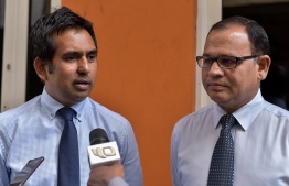Deputy leaders of People's National Congress, Mohamed Saeed (L) and Adam Shareef, speak to reporters after meeting with the Human Rights Commission regarding the arrest of former President Abdulla Yameen. PHOTO: NISHAN ALI/MIHAARU