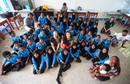 Stand Up For Our Seas Team pictured with the attendees of a presentation with Baa Atoll Maalhos School students. PHOTO: JAMES APPLETON