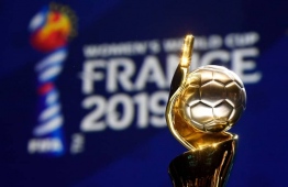 The Women's World Cup trophy is seen during the draw for the tournament in Paris. PHOTO: JIJI/AFP