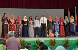 Recipients of the Rehendhi Award with President Solih, First Lady Fazna and Gender Minister Shidhatha. PHOTO: AHMED NISHAATH / MIHAARU
