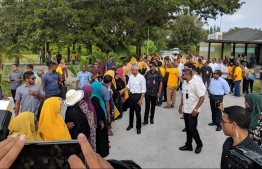 President Solih meeting with people gathered to welcome him in Addu. PHOTO: MIHAARU