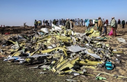 People stand near collected debris at the crash site of Ethiopia Airlines near Bishoftu, a town some 60 kilometres southeast of Addis Ababa, Ethiopia, on March 11, 2019. An Ethiopian Airlines Boeing 737 crashed on March 10 morning en route from Addis Ababa to Nairobi with 149 passengers and eight crew believed to be on board, Ethiopian Airlines said.
Michael TEWELDE / AFP