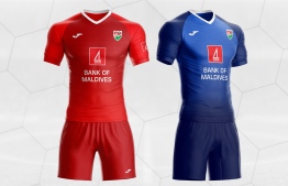The redesigned national team football jersey, as part of Bank of Maldives' 'AharengeTeam' public design competition.