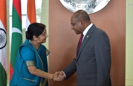 Minister of Foreign Affairs Abdulla Shahid and India's Minister of External Affairs Minister Sushma  Swaraj. PHOTO: HUSSAIN WAHEED/ MIHAARU