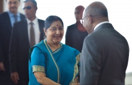 Indian Minister of External Affairs Sushma Swaraj (L) meets Foreign Minister Abdulla Shahid during her official visit to Maldives in March 2019. PHOTO/MIHAARU