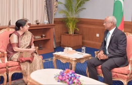 Former Indian External Affairs Minister Sushma Swaraj and President Ibrahim Mohamed Solih. PHOTO: PRESIDENT'S OFFICE