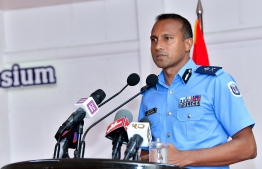 Commissioner of Maldives Police Service Mohamed Hameed making announcement at symposium. PHOTO: NISHAN ALI/MIHAARU.