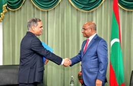 Chief of Mission of the International Organization for Migration (IOM) Sarat Dash presenting his credentials to Minister of Foreign Affairs Abdulla Shahid.PHOTO: MINISTRY OF FOREIGN AFFAIRS