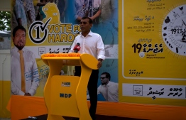 Former President Mohamed Nasheed speaks at the campaign gathering for the parliamentary election, at GA.Villingili. PHOTO: HAWWA AMAANY ABDULLA / THE EDITION