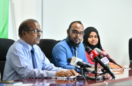Members of Health Protection Agency holding a press conference.PHOTO: HUSSAIN WAHEED/ MIHAARU
