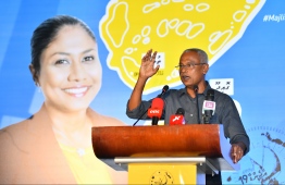 President Ibrahim Mohamed Solih speaks at the campaign rally for Hisaan Hussain, who is running for the constituency of Thulhaadhoo on behalf of MDP. 