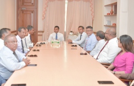 Vice President Faisal Naseem (C) meets with the board members of Maldives Association of Construction Industries (MACI). PHOTO/PRESIDENT'S OFFICE