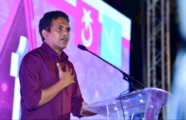 PPM's PG leader and Villimale MP Ahmed Nihan speaks at campaign rally of Ibrahim Faisal, PNC's candidate for Hulhumale constituency. PHOTO: NISHAN ALI/MIHAARU