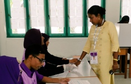 MDP candidate Hisaan Hussain at a polling station during the Parliamentary Election 2019. PHOTO/TWITTER